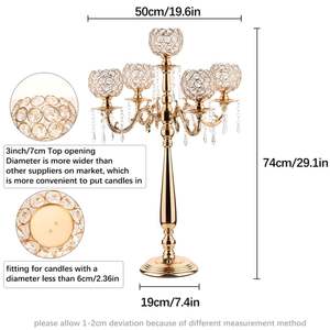Candélabre doré avec porte-bougies en cristal à 5 bras, décoration d'intérieur, centre de table pour mariage - Product Image 2