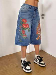 Jeans de Verano para Mujer, Estilo Y2K, Estampado Digital Floral de Tigre, Transpirables, Sueltos, Corte Recto, Cintura Baja, Lavado a la Piedra - Product Image 5