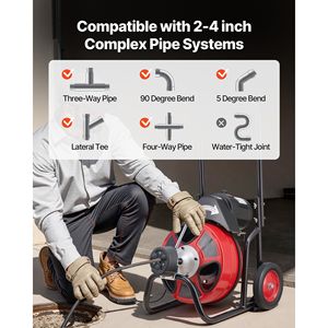 Macchina Portatile per la Pulizia degli Scarichi con 4 Lame, 50 FT x 3/8 Pollici, Alimentazione Automatica, Spirale per Fognature con Ruote, Pulitore Portatile per Scarichi con 4 Lame - Product Image 3