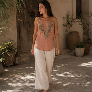 Blusa Túnica Elegante para Mujer, Color Beige, Mezcla de Lino, con Flecos, Sin Mangas, Cuello en V Profundo, Estilo Boho Casual, para Verano, Playa, Vacaciones, Resort - Product Image 4