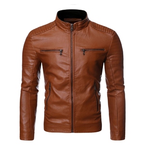 Brown Custom Made Breathable Eco-Friendly Men's Slim Fit Zip-Up Leather Jacket Stand Collar Nylon/Cotton Shell <b>Canvas</b> for Winter - Product Image 5