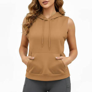 Sweat-shirt à capuche sans manches pour femmes, couleur unie, respirant, tricoté, vêtements décontractés, haut à la mode d'automne avec poches - Product Image 3