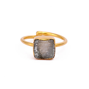 Handmade 18K Gold-Plated <b>Adjustable</b> Brass Bohemian Bezel Setting Ring Natural Peach Druzy <b>Square</b> Gemstone Statement Jewelry for - Product Image 2