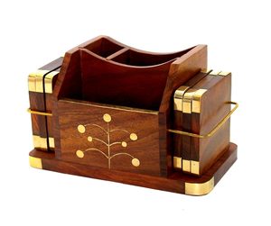 Handcrafted Wooden Desk Organizer with Brass Accents Multi Compartment Office <b>Stationery</b> <b>Holder</b> Pen Pencil Scissor Letter Note - Product Image 5