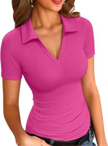 Camiseta Polo de Punto Azul de Manga Corta para Mujer, Color Sólido, Casual, Cuello en V, Diseño Regular, Venta al Por Mayor, ODM OEM - Product Image 6