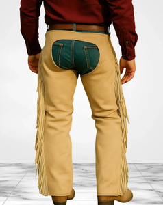 Chaps en cuir véritable pour homme, coupe haute, ajustement régulier, avec franges et fermeture à boutons, pour l'équitation - Product Image 5