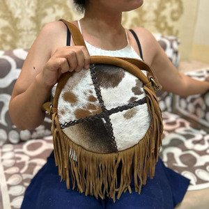 Cowhide Fur <b>Sling</b> Bag Handbag New Designer Stylish Western Collection of Fringe Crossbody Shoulder <b>Round</b> Bags Women's Use Purse - Product Image 3