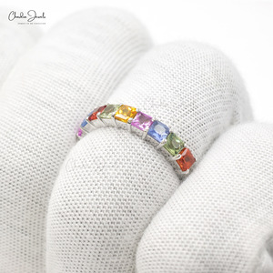 Anillo de Media Eternidad para Mujer, Diseño Artesanal, Oro Blanco Sólido de 14k, con Múltiples Zafiros Naturales Cuadrados de 3mm, Clásico, Talla US-7 - Product Image 5