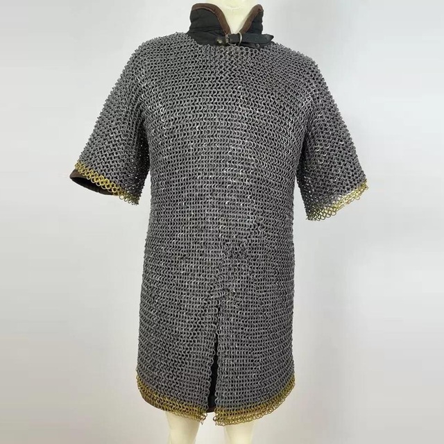 High Quality Medieval Chainmail Shirt Mild Steel Flar Riveted with Washer Ring Brass Ring Border Long Length Hauberk Armor