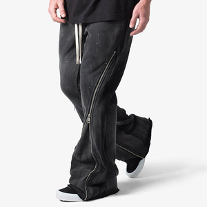Pantalon évasé noir pour homme avec fausses fermetures éclair, taille élastique, cordon de serrage, style streetwear, effet usé, en polyester - Product Image 2