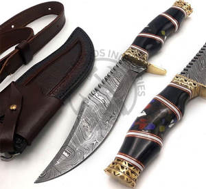 Couteau de chasse professionnel en acier Damas Newley, fait main, de collection, type Bowie, avec manche en bois de cerf et étui en cuir - Product Image 2