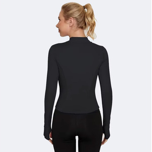 Women's <b>Black</b> Long Sleeve <b>Zip</b>-<b>Up</b> Stand Collar <b>Gym</b> <b>Jacket</b> Quick Dry Solid Color Fitness Top All Seasons Regular Fit - Product Image 2