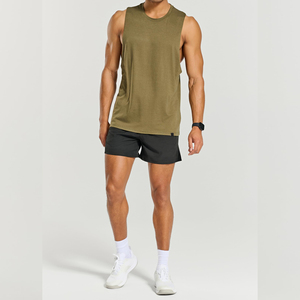 <b>Men's</b> Olive <b>Green</b> Sleeveless Tank <b>Top</b> O-Neck Solid Color Sporty Breathable Knitted Workout Shirt - Product Image 1