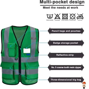 Chaleco de Alta Visibilidad Verde, Chaleco de Trabajo sin Mangas Reflectante de Poliéster con Cremallera y Bolsillos - Product Image 6