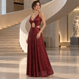 Glamuroso Vestido de Noche con Lentejuelas Color Granate Oscuro |   Vestido sin mangas con cuello en V profundo, aberturas, tirantes con lazo y falda larga fluida - Product Image 3