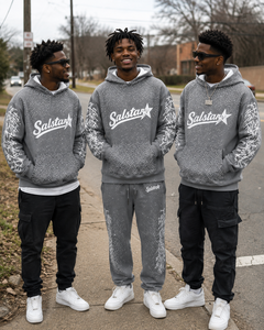 Custom <b>Grey</b> Rhinestone Pullover Hoodie with Graphic Sleeves, Oversized Streetwear <b>Sweatshirt</b>, Premium Custom Logo Hoodie for Men - Product Image 5