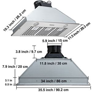 Cappa aspirante da incasso da cucina in acciaio inossidabile da 36 pollici, 800 CFM, 3 velocità, con controllo a pulsante, luci LED e filtro a deflettore - Product Image 6