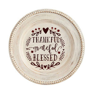 Assiette de service ronde en bois style ferme, blanche perlée, pour décoration de table de Noël, avec inscription 'Thankful Grateful Blessed' - Product Image 1