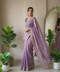 <b>Purple</b> Silk <b>Saree</b> Embroidered Floral Traditional Wedding Sari for Women Party Dress - Product Image 4