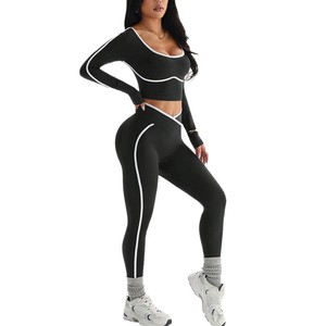 Ensemble de yoga 2 pièces bleu marine pour femme : Leggings taille haute longueur intégrale et crop top sans couture à col rond dos nageur avec bande latérale - Product Image 2