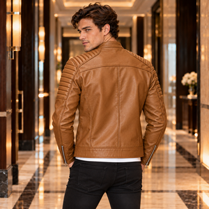 Veste en cuir véritable pour homme, style motard, avec manches rembourrées, fermeture éclair asymétrique, ceinture à la taille, vêtement d'extérieur de luxe pour l'hiver - Product Image 3