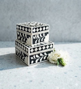 Coffret à bijoux luxueux en os incrusté, motif floral, couvercles noir et blanc, fait main, pour cadeaux de Noël, rangement décoratif - Product Image 1