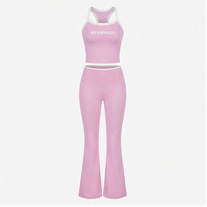 North Approach 2 Piece Yoga Set Pink Racerback Crop Top High Waist Full Length <b>Flared</b> <b>Leggings</b> Breathable Sportswear - Product Image 1