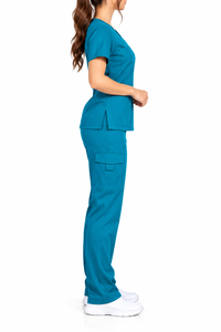 Ensemble de blouses médicales unisexe, violet avec bordure rose, coton/polyester/pantalon tricoté, col en V, manches longues, respirant, confortable, haute qualité - Product Image 4