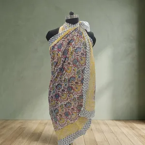 Multicolor Floral Hand Block Printed Cotton <b>Sarong</b> Scarf with Yellow Border Lightweight Beach Wrap Stole for Women - Product Image 4