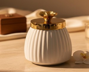 Metal Decorative Jar Golden Lid White <b>Ribbed</b> Storage Container Modern Design Wedding Occasion Flower Knob Home Tabletop Decor - Product Image 1