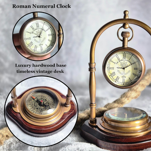 Reloj de Escritorio Clásico Vintage de Latón con Esfera de Números Romanos, Reloj de Mesa Colgante, Base de Madera de Estilo Antiguo, Decoración para el Hogar y la Oficina - Product Image 5