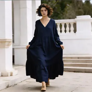Robe longue bleu marine pour femme en coton et lin, coupe ample, manches longues, col en V, style bohème décontracté à volants - Product Image 1