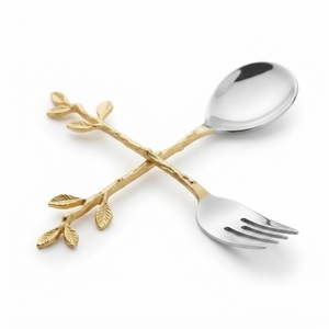 Stainless Steel Gold <b>Salad</b> Server Set Coral Branch Handle 2 Piece Serving Spoon and Fork Wholesale Dining Restaurant Tableware - Product Image 4