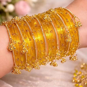Premium Golden Plated Trendy Multi-Tone Glass Pearl Churiyan <b>Bangle</b> <b>Set</b> Ombre Finish Glitter Accents Custom Colors Traditional - Product Image 1
