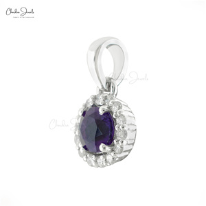 Ready to Ship <b>Pendant</b> Natural 4mm Round Cut Amethyst Gemstone Halo <b>Pendant</b> in 14k <b>Solid</b> White <b>Gold</b> Diamond <b>Pendant</b> Jewelry - Product Image 1