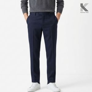 Pantalones de Satén Azul Marino para Hombre, Algodón y Elastano, 275 GSM, Acabado Peach, Corte Slim Fit, Estilo Casual Elegante, Proveedor OEM - Product Image 3