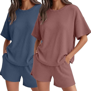 Women Soft Texture Waffle <b>Knit</b> Shorts <b>Set</b> Loose Fit Casual Home Wear Outfit Wholesale - Product Image 6