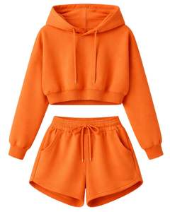 Ensemble décontracté deux pièces pour femme : crop top à capuche et short, en molleton de coton, couleur orange, style minimaliste, pour la détente, vente en gros, fabricant - Product Image 1