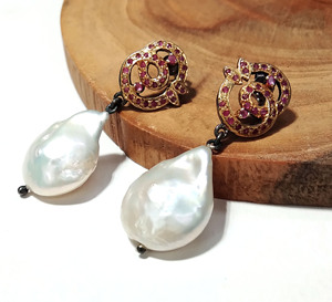 Baroque White Pearl Clip-on Earrings Ruby Silver Plated 925 Sterling Silver Handmade <b>Wedding</b> Women Jewelry Gift - Product Image 5