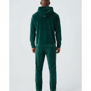 Custom <b>Velvet</b> Blank Heavyweight Solid Green <b>Tracksuit</b> for Men Pullover Regular Fit Hoodie and Sweatpants Jogger Sets Manufacture - Product Image 6