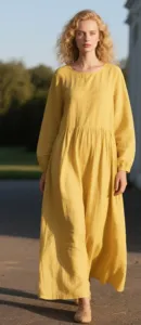 Robe longue bohème en coton pour femme, coupe ample, manches longues, couleur unie, taille froncée, décontractée - Product Image 4