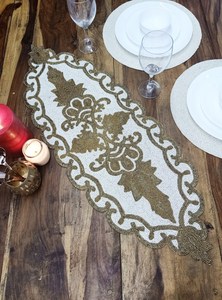 Embroidered Table <b>Runner</b> Floral Pattern Classic Style Beige Gold Home Decor <b>Washable</b> Hand Wash - Product Image 2