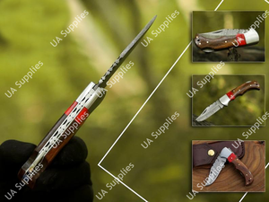 Couteau pliant industriel de qualité supérieure en acier Damas forgé à la main, lame pointue, manche en bois de rose et pierre précieuse rouge, couteau torsadé, le plus vendu - Product Image 3