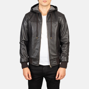 REAC READY INDUSTRY Men's Hooded Genuine Leather Bomber <b>Jacket</b> Breathable Aviator <b>Pilot</b> Moto Biker Style Zipper Closure Solid - Product Image 1