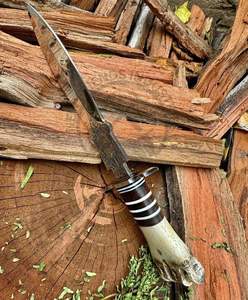 Couteau de chasse à lame fixe en acier D2 gravé à la main, type Bowie, couteau américain Dogger, couteau à ciseau avec entretoises, manche en os - Product Image 3