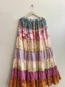Jupe longue bohème patchwork pour femme, taille élastique, volants, coupe trapèze, imprimée, en viscose et polyester, toutes saisons - Product Image 1
