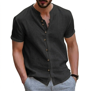 Hawaii New Fashionable Men's Retro Button <b>Shirts</b> Linen/Cotton Breathable V-neck Casual Short Sleeve for Summer - Product Image 2