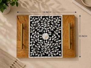 Hs Husnain Crafts - Bandeja de Servir Moderna de Madera con Incrustaciones de Madreperla, Diseño Floral Negro, Asas Doradas, Forma Rectangular - Product Image 2