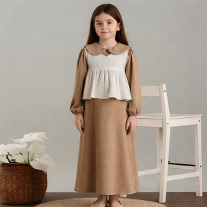 Junior Girls Brown Maxi Dress Cey Fabric <b>Layered</b> <b>Long</b> Dress with White Hakoba Eyelet Shrug Light Mocha Junior Gown - Product Image 1