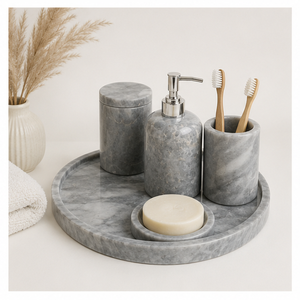 Natural Grey Marble Bathroom Accessory Set 5-Piece Modern Minimalist Hotel Organizer with Soap Dispenser <b>Toothbrush</b> <b>Holder</b> - Product Image 2